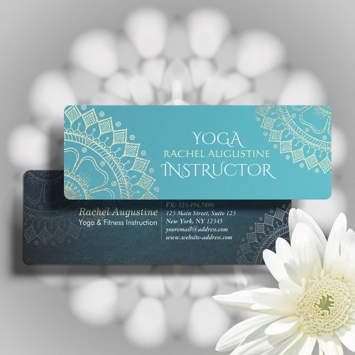 Yoga Meditation Instructor Green Blue Gold Mandala Mini Business Card