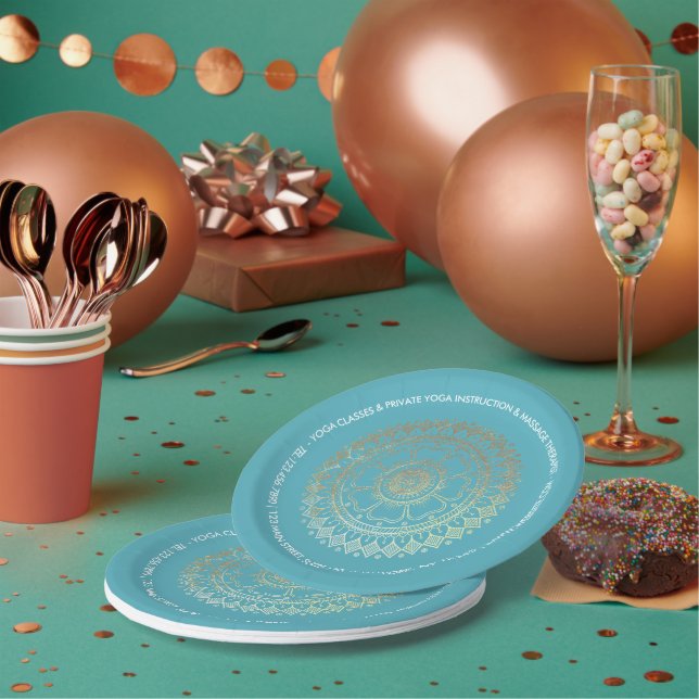 Yoga Meditation Instructor Green Blue Gold Mandala Paper Plates (Multi)