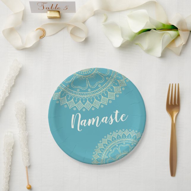 Yoga Meditation Instructor Green Blue Gold Mandala Paper Plates (Wedding)