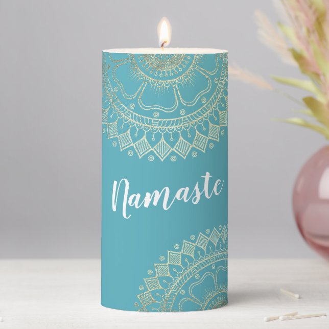 Yoga Meditation Instructor Green Blue Gold Mandala Pillar Candle (In Situ)