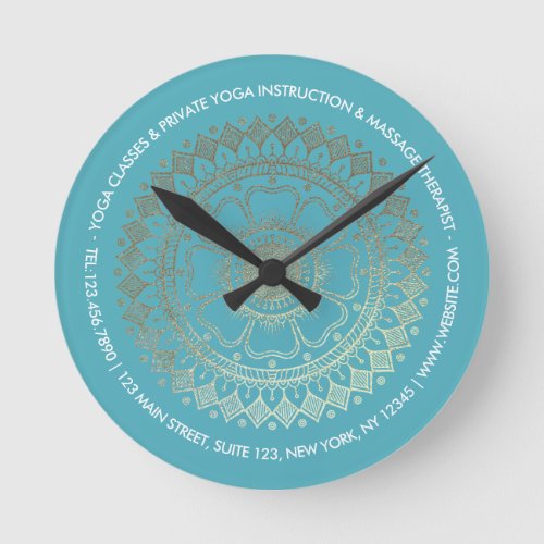 Yoga Meditation Instructor Green Blue Gold Mandala Round Clock