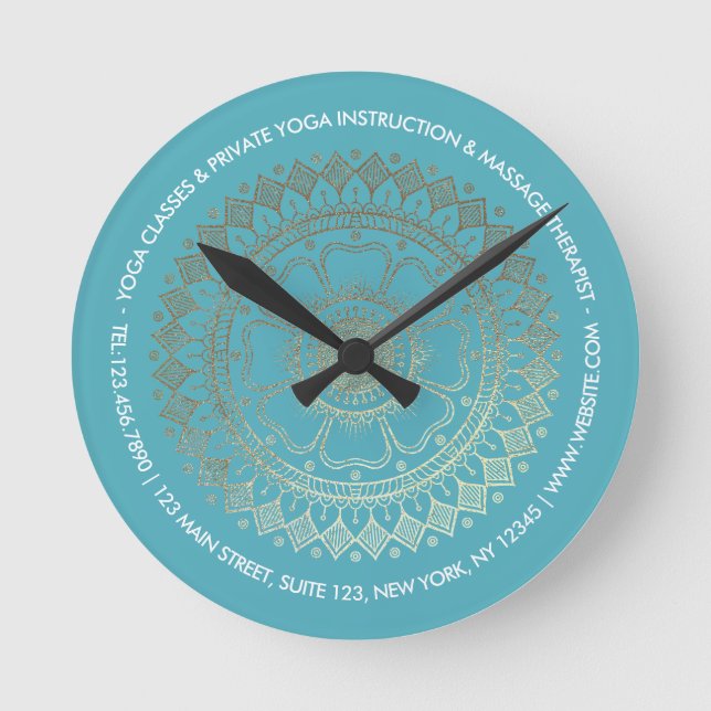 Yoga Meditation Instructor Green Blue Gold Mandala Round Clock (Front)