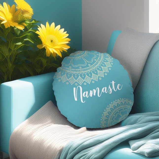Yoga Meditation Instructor Green Blue Gold Mandala Round Pillow (Creator Uploaded)