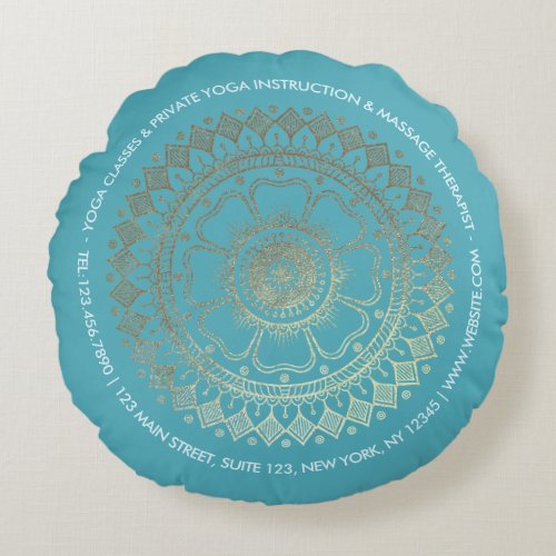 Yoga Meditation Instructor Green Blue Gold Mandala Round Pillow