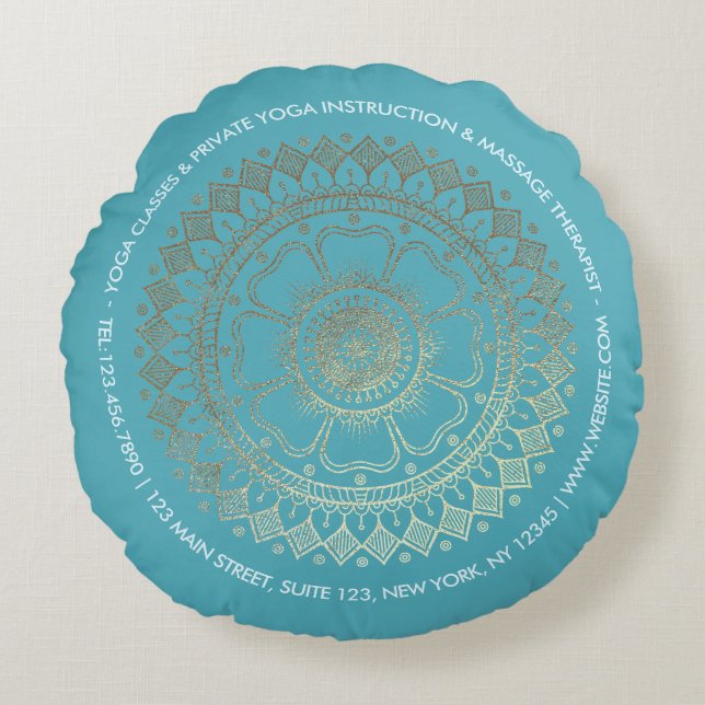 Yoga Meditation Instructor Green Blue Gold Mandala Round Pillow (Front)