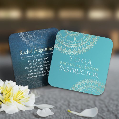 Yoga Meditation Instructor Green Blue Gold Mandala Square Business Card