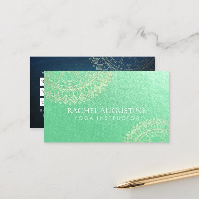 Yoga Meditation Instructor Green Gold Foil Mandala Appointment Card (Front/Back In Situ)