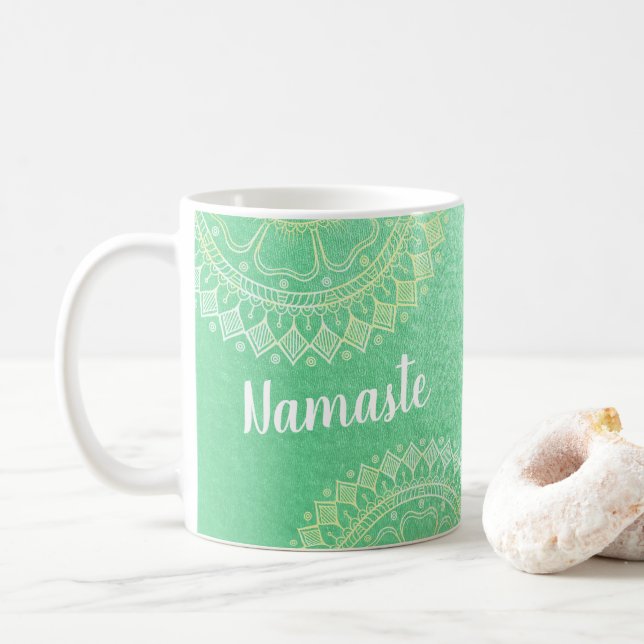 Yoga Meditation Instructor Green Gold Foil Mandala Coffee Mug (With Donut)