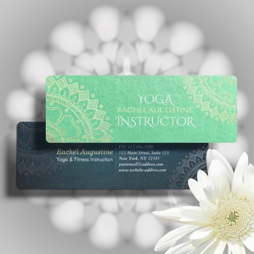 Yoga Meditation Instructor Green Gold Foil Mandala Mini Business Card