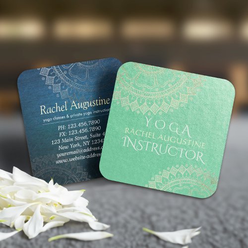 Yoga Meditation Instructor Green Gold Foil Mandala Square Business Card
