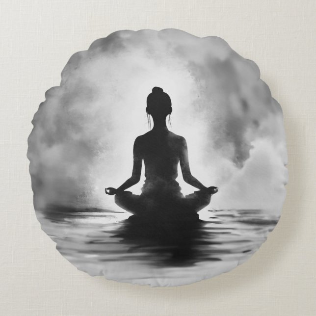 Yoga Meditation Instructor Lotus Pose Ink Painting Round Pillow (Front)
