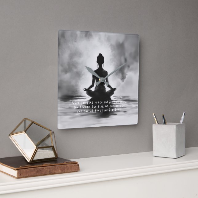 Yoga Meditation Instructor Lotus Pose Ink Painting Square Wall Clock (Office)
