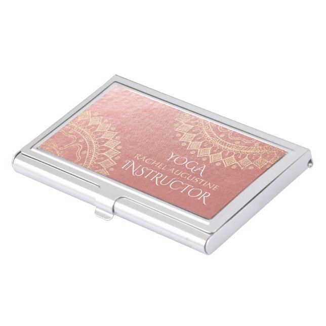Yoga Meditation Instructor Pink Gold Foil Mandala Business Card Case (Front)