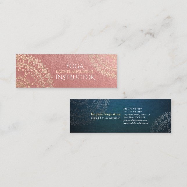 Yoga Meditation Instructor Pink Gold Foil Mandala Mini Business Card (Front/Back)