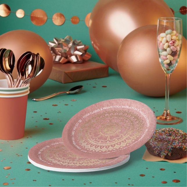 Yoga Meditation Instructor Pink Gold Foil Mandala Paper Plates (Multi)