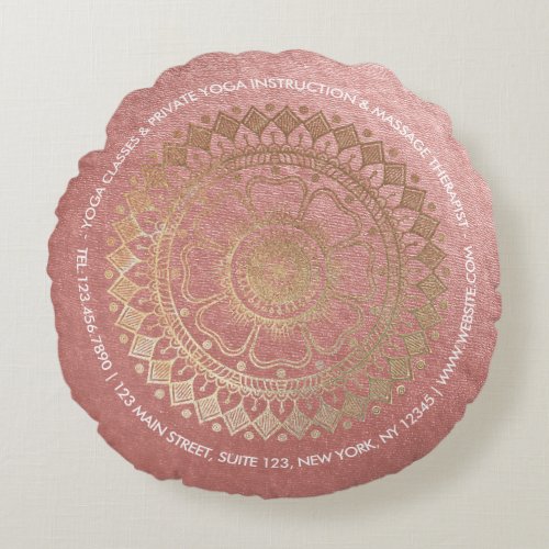 Yoga Meditation Instructor Pink Gold Foil Mandala Round Pillow