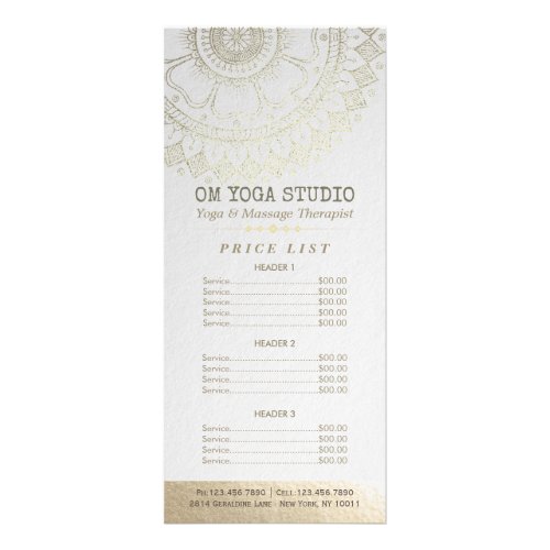 YOGA Meditation Instructor Price List Gold Mandala Rack Card