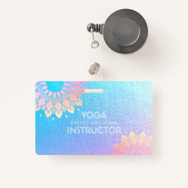 Yoga Meditation Instructor Rose Blue Gold Mandala Badge (Front with Retractable)