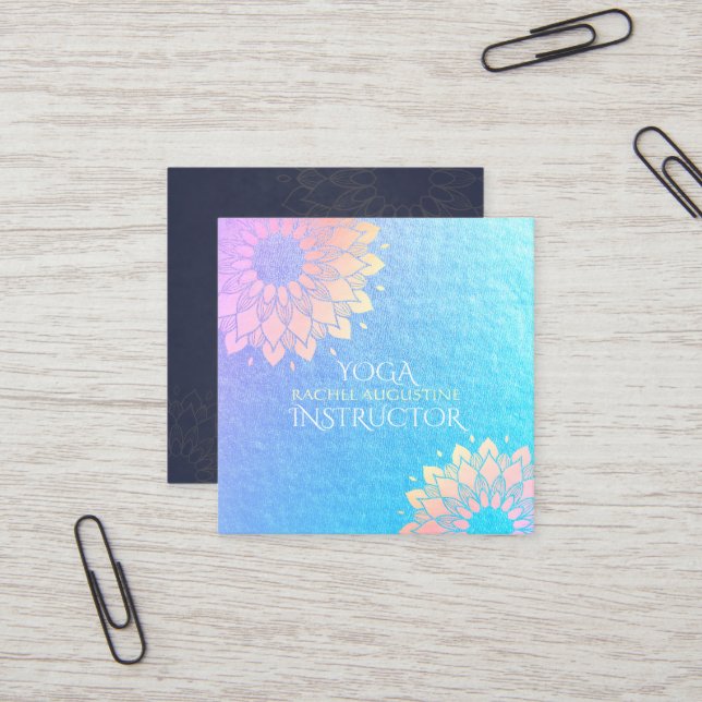 Yoga Meditation Instructor Rose Gold Foil Mandala Square Business Card (Front/Back In Situ)