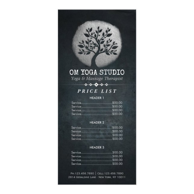 Yoga Meditation Instructor Silver Tree Price List Rack Card (Front)