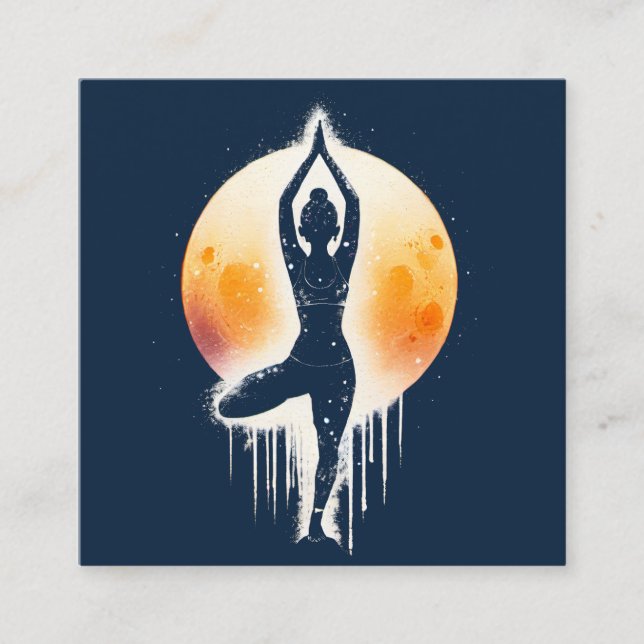 Yoga Meditation Instructor Tree Pose Full Moon Square Business Card (Front)