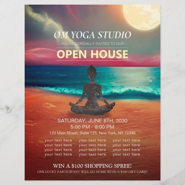 Yoga Meditation Moonlight Ocean Beach Open House Flyer (Front)