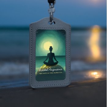 Yoga Meditation Pose On Rock Full Moon Stars Night Badge by ReadyCardCard at Zazzle