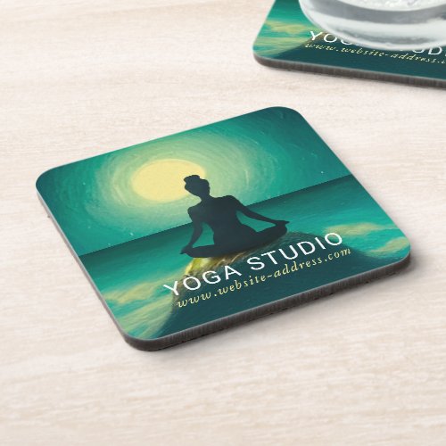 Yoga Meditation Pose on Rock Full Moon Stars Night Beverage Coaster