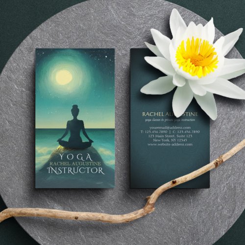 Yoga Meditation Pose on Rock Full Moon Stars Night Business Card