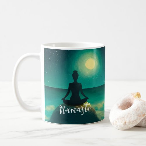 Yoga Meditation Pose on Rock Full Moon Stars Night Coffee Mug