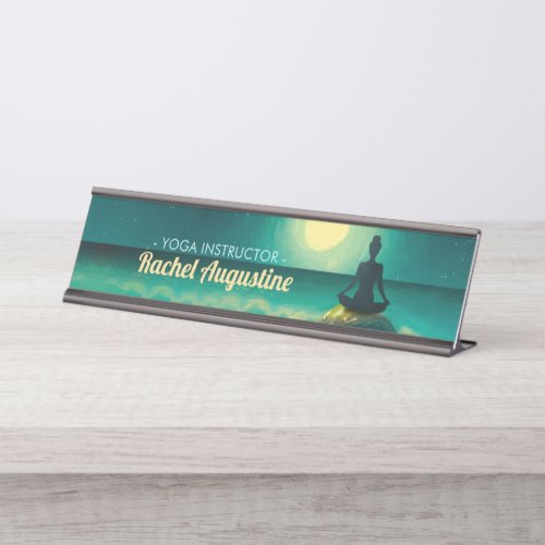 Yoga Meditation Pose on Rock Full Moon Stars Night Desk Name Plate