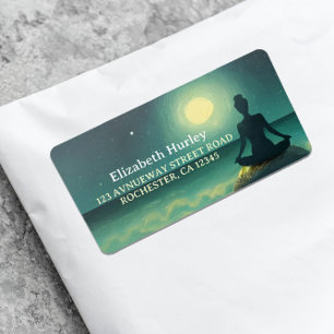 Yoga Meditation Pose on Rock Full Moon Stars Night Label