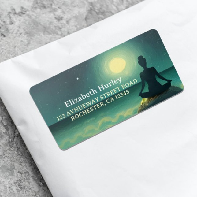 Yoga Meditation Pose on Rock Full Moon Stars Night Label (Creator Uploaded)