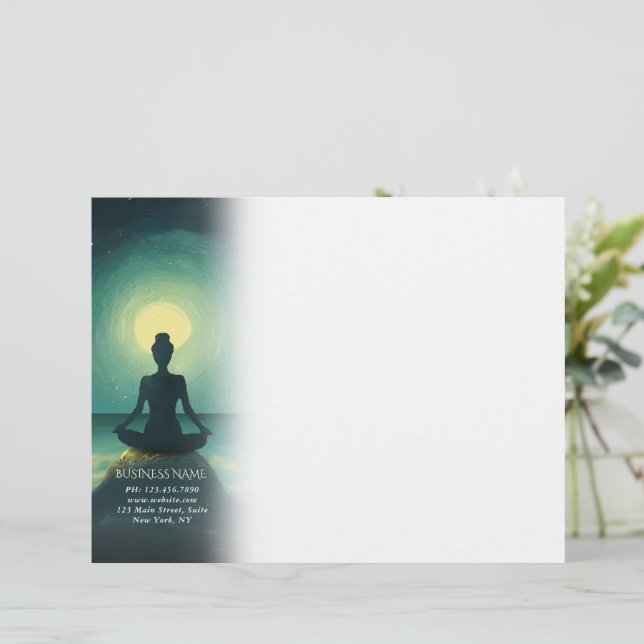 Yoga Meditation Pose on Rock Full Moon Stars Night Letterhead (Standing Front)