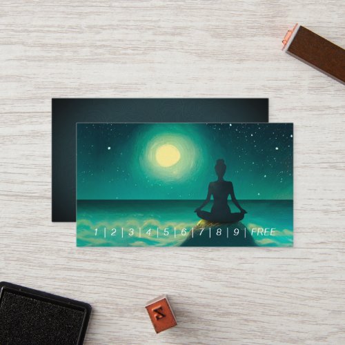 Yoga Meditation Pose on Rock Full Moon Stars Night Loyalty Card