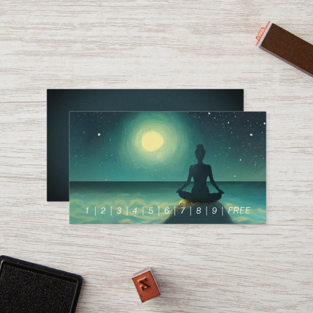 Yoga Meditation Pose on Rock Full Moon Stars Night Loyalty Card (Front/Back In Situ)