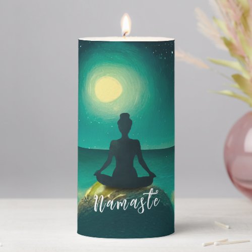 Yoga Meditation Pose on Rock Full Moon Stars Night Pillar Candle