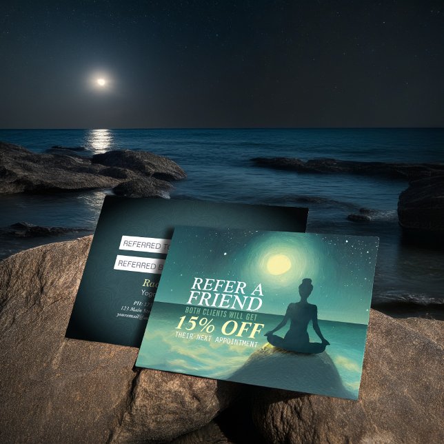 Yoga Meditation Pose on Rock Full Moon Stars Night Referral Card (Creator Uploaded)
