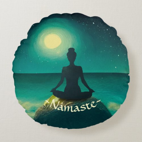 Yoga Meditation Pose on Rock Full Moon Stars Night Round Pillow