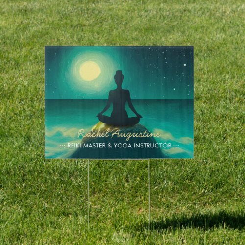 Yoga Meditation Pose on Rock Full Moon Stars Night Sign