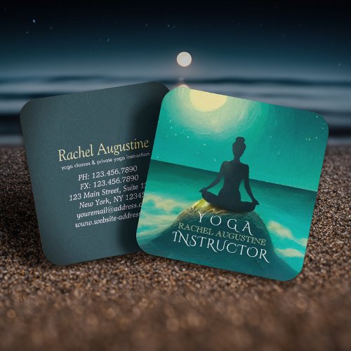 Yoga Meditation Pose on Rock Full Moon Stars Night Square Business Card