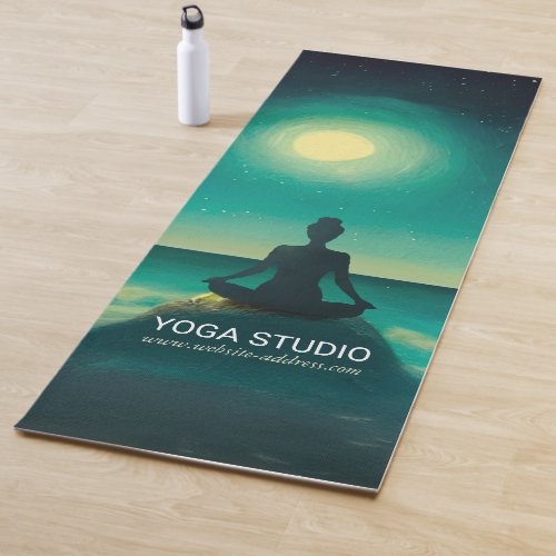 Yoga Meditation Pose on Rock Full Moon Stars Night Yoga Mat