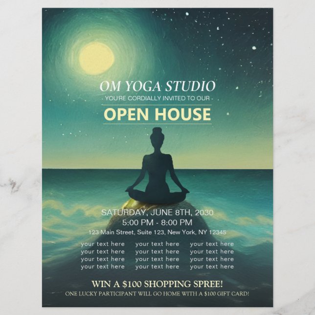 Yoga Meditation Pose on Rock Moon Ocean Open House Flyer (Front)