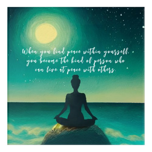Yoga Meditation Pose on Rock Moon Star Ocean Quote Acrylic Print