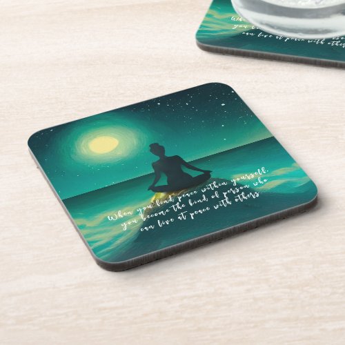 Yoga Meditation Pose on Rock Moon Star Ocean Quote Beverage Coaster