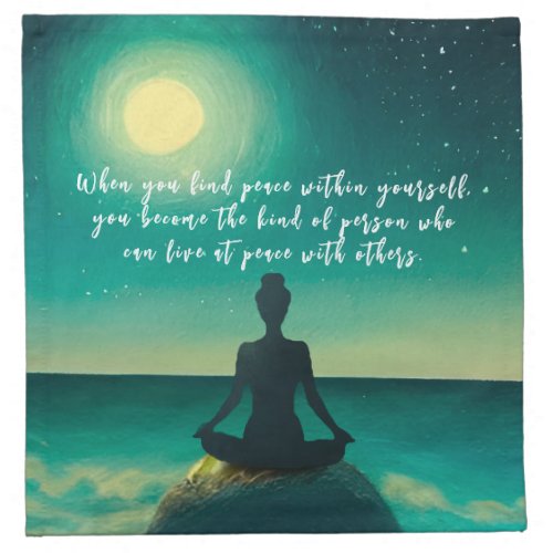 Yoga Meditation Pose on Rock Moon Star Ocean Quote Cloth Napkin