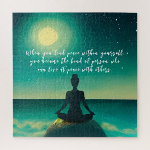 Yoga Meditation Pose on Rock Moon Star Ocean Quote Jigsaw Puzzle