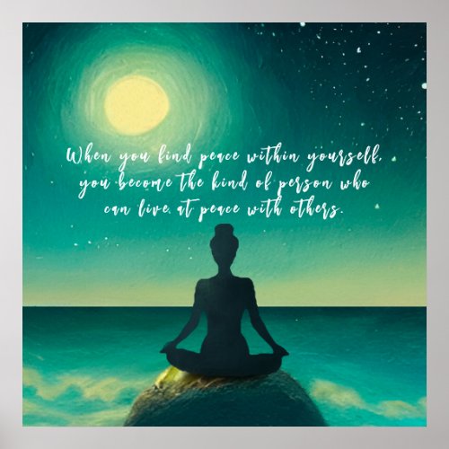 Yoga Meditation Pose on Rock Moon Star Ocean Quote Poster