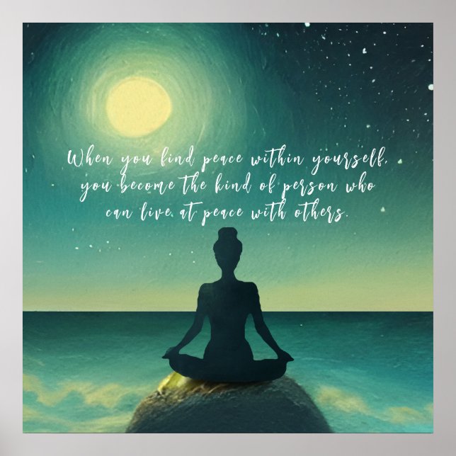Yoga Meditation Pose on Rock Moon Star Ocean Quote Poster (Front)