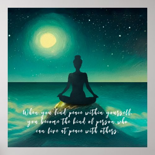 Yoga Meditation Pose on Rock Moon Star Ocean Quote Poster